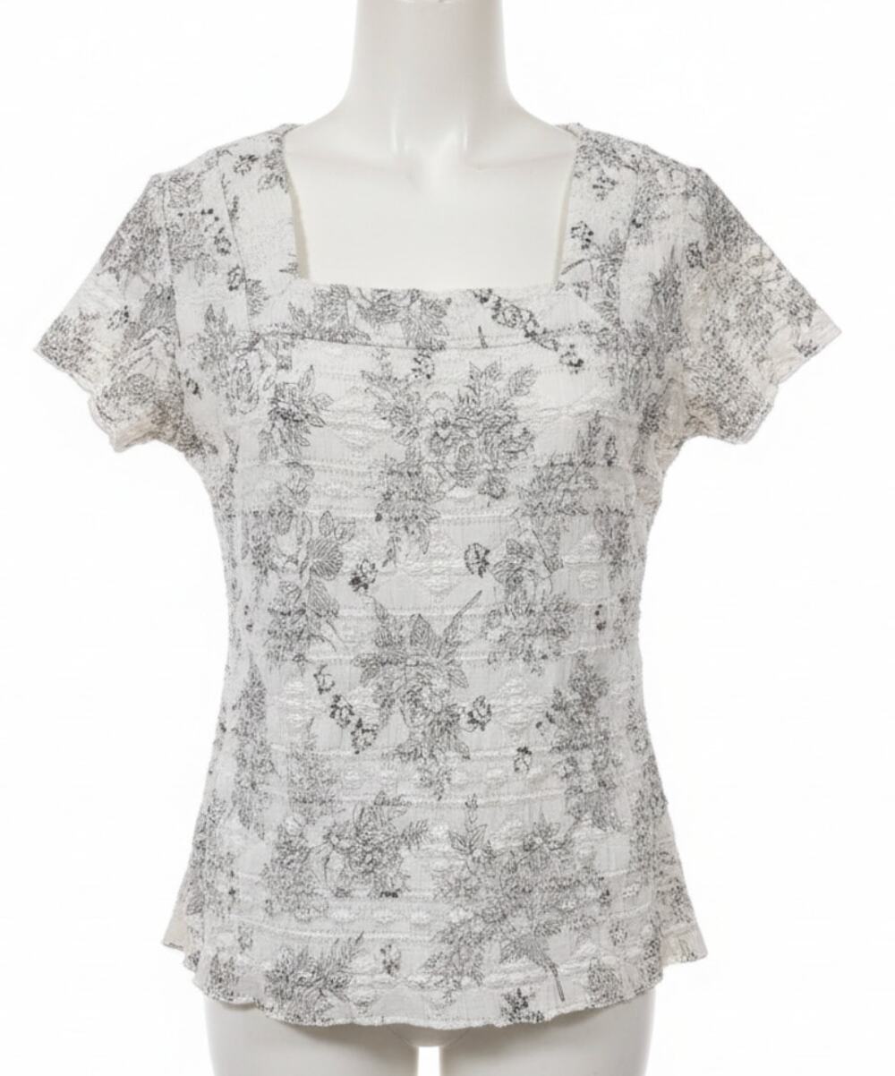 Dressbarn Blouse M White Brown Floral Square Neck Short Sleeve Fairy Coquette